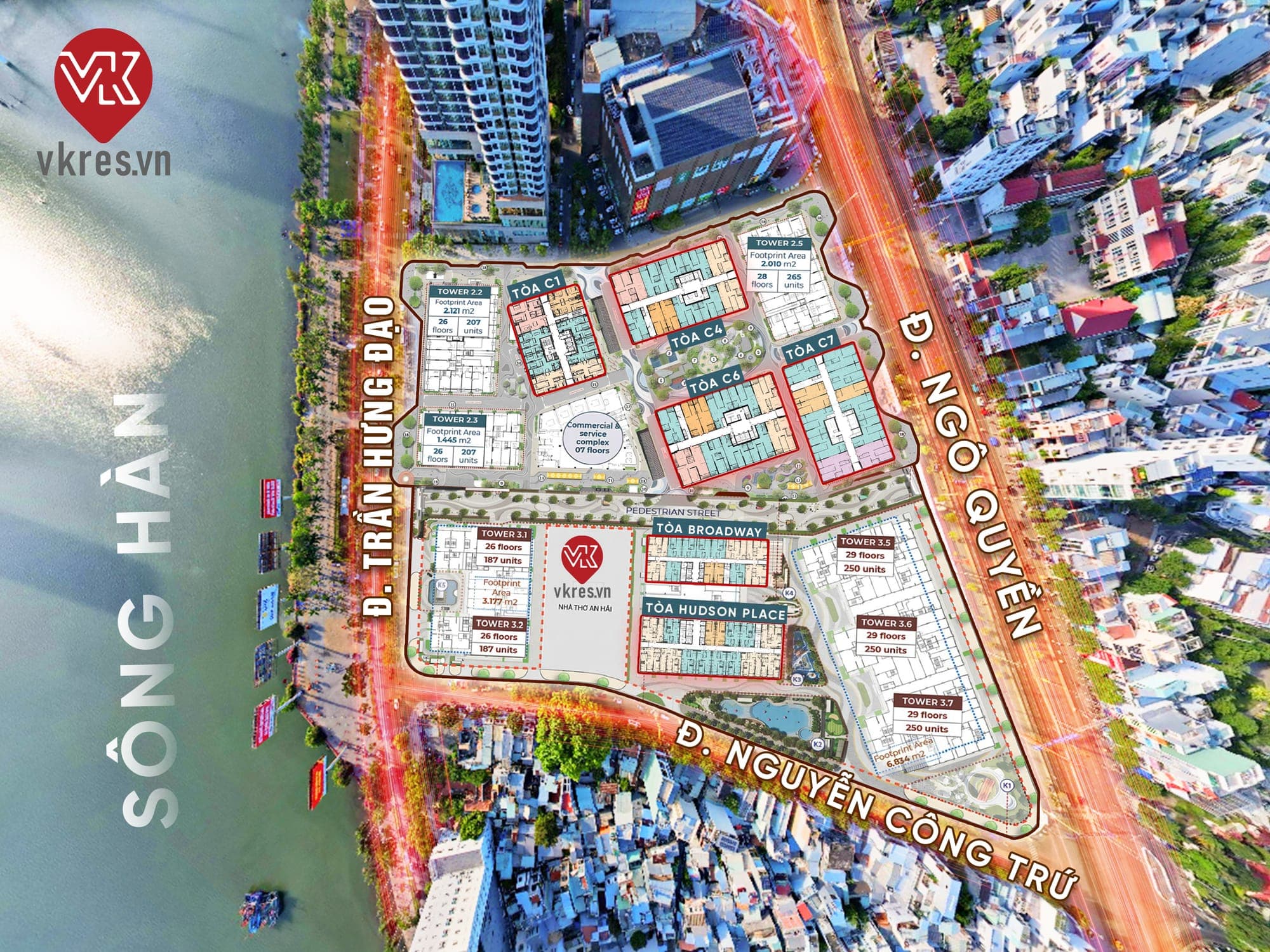 Ảnh vệ tinh khu đất Capital Square với 4 mặt tiền đường và sông Hàn
